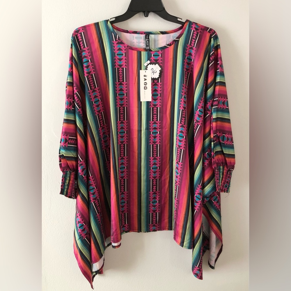 2 Fly Multi-Stripe Round-Neck Tunic Top Poncho Southwestern Western NWT